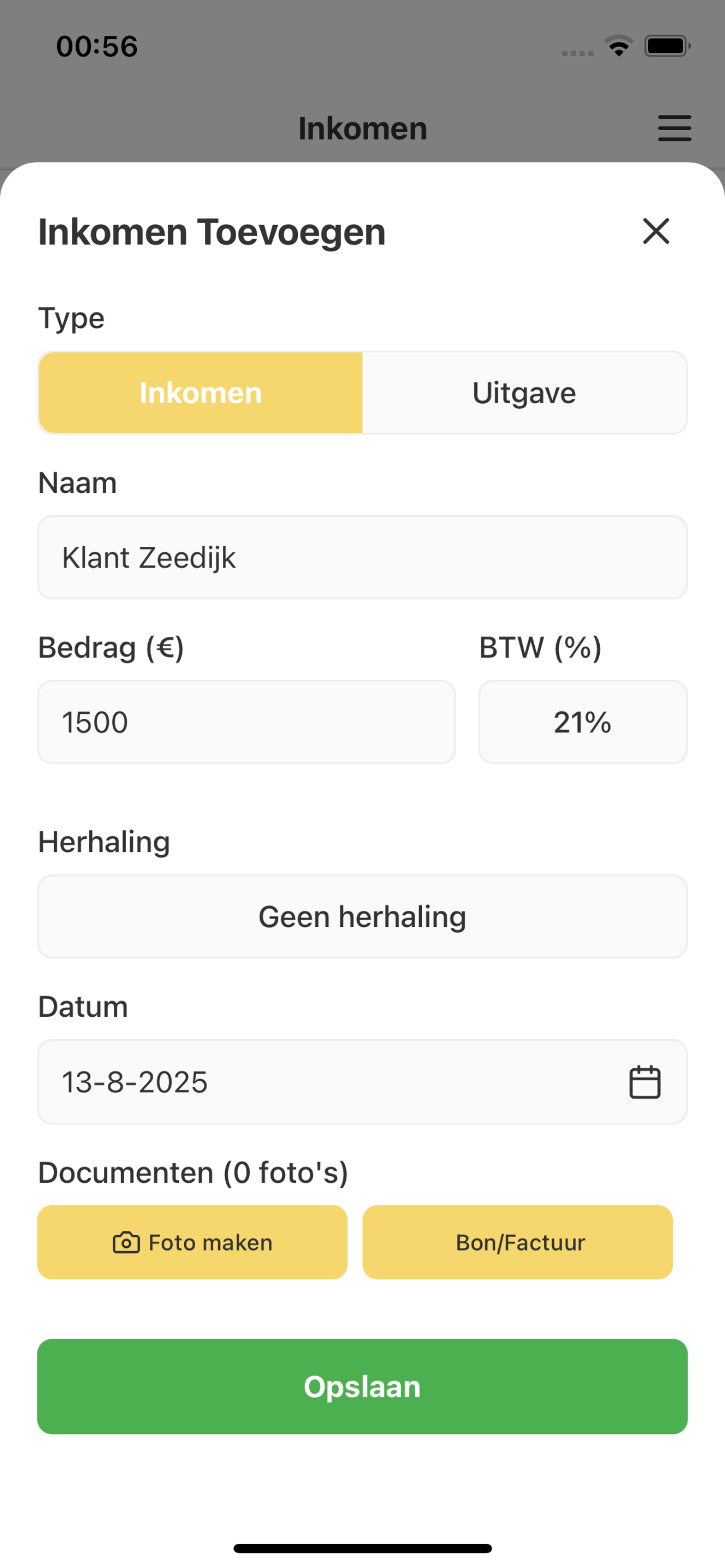 Admino inkomen toevoegen formulier met klant details, bedrag en BTW berekening